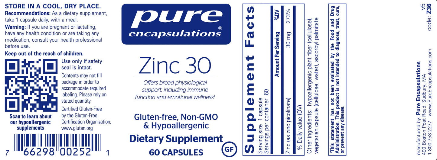 Zinc 30 mg 60 capsules – Pure Encapsulations